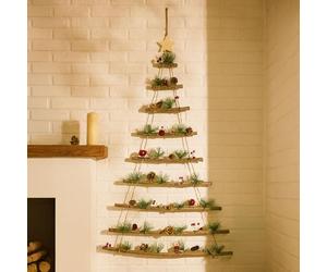 Neo Wooden Hanging Wall Xmas Christmas Tree Ladder Decoration Rustic Nordic Hygge Style with Pine Cones Red Berries Jute Rope Wall Mounted Décor