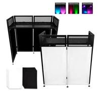 Neoaider DJ Booth Portable 20 x 42 x 44 Inches, DJ Facade Booth with Black & White Scrims, Adjustable Height 4 inches DJ Table Stand, Foldable Metal Frame DJ Booth Panel for Show, Wedding and Etc.