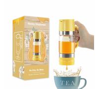 Neodaco Honey Dispenser No Drip with Stand, 9 OZ Glass Honey Jar Pot, Syrup Dispenser, Easy One Hand Use Syrup Container for Coffee or Tea, Yellow