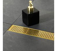 Neodrain 24-Inch Brushed Brass Linear Shower Drain with Removable Quadrato Pattern Grate, 304 Stainless Steel Gold Rectangle Shower Floor Drain, Bathroom Linear Drain & Hair Strainer, CUPC Certified