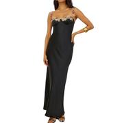 NEOFEN Women's Summer Sexy Satin Spaghetti Strap Floral Embroidered Maxi Dress for Women Sweetheart Neckline Backless Black