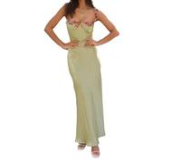NEOFEN Women's Summer Sexy Satin Spaghetti Strap Floral Embroidered Maxi Dress for Women Sweetheart Neckline Backless Green