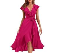 NEOFEN Women's Summer Wrap Midi Dress Casual Boho Deep V Neck Short Sleeve Ruffle Hem Split Beach Long Dresses