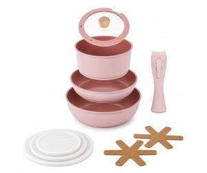 NEOFLAM® - Midas Plus 8-piece pot and pan set - natural Ecolon® non-stick coating, removable handle, suitable for induction cookers, oven-safe, easy to clean