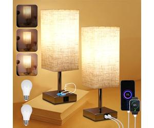 Neoglint Bedside Lamps Set of 2, Touch Control Table Lamps with USB-C+A Charging Ports and Bulbs, Fabric Shade Table Light with 3 Way Dimmable for Bedroom, Living Room, Office Visit The Ne