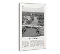 NEOHI Hattiesburg Black And White, Mississippi, USA Retro City Map Travel Landscape Canvas Modern Poster Wall Art Prints Paintings Living Room Bedroom Decor 16x24inch(40x60cm)
