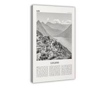 NEOHI Lugano Black And White, Lugan, Ticino, Switzerland Retro City Map Travel Landscape Canvas Wall Art Posters And Prints Room Aesthetic Bedroom Office Decor 12x18inch(30x45cm)