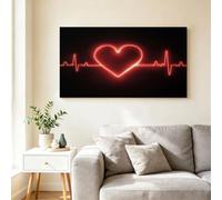 Neon Abstract Heart Massive Framed Wall Art Decor Canvas Painting, Heart Pattern Heartbeat Waves Pictures Poster Artwork for Large Office Gallery - 140x70 cm