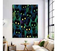 Neon Animals on Canvas Print Green Playful Black Cat Face Wall Art Posters, Modern Living Room Decor 70×100 cm Unframed