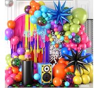 Neon Balloon Arch Kit, 122Pcs Bright Orange Green Blue Hot Pink Yellow Purple Black Rainbow Balloons with Foil Star Balloons for Neon Party Rainbow Birthday Decorations 80s 90s Disco Party Backdrop