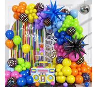 Neon Balloon Arch Kit, Disco Rainbow Theme Glow in the Dark Party Decorations for Back to 90s 80s Hip Hop/Disco Birthday Supplies, Rock Roll Party with Foil Star UV Neon Luminous Fluorescent Balloons