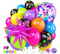 Neon Balloons, 12Inch Disco Rainbow Balloons, Hot Pink Blue Green Orange Purple Colorful Dot Latex Balloon with Star and Disco Ball Foil Balloon for Retro 80s 90s Music Rock Theme Birthday Party Decor
