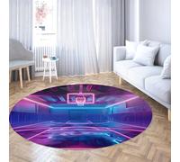 Neon Basketball Court Print Washable Round Kids Room Rug Large Soft Low-Pile Area Rug Stain-Resistant Carpet with Non-Slip Backing for Bedroom & Teen Game Room Modern Sports Accent Decor 180cm