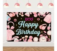 Neon Birthday Backdrop,Glow Sleepover Theme Happy Birthday Party Decorations for Splatter Photography Background Glow Crazy Photo Booth Props