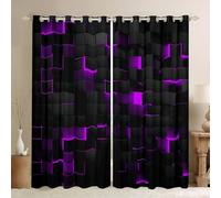 Neon Black Purple Window Curtains 2 Panel Sets 52x90 Abstract Geometric Grid Checkered Blackout Curtains for Bedroom Glowing Stereoscopic Plaid Window Treatments Drapes Square Decor