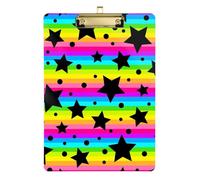 Neon Black Stars Rainbow Stripe Acrylic Water Proof Clip Board Standard Letter A4 Size Standard Hole for Coaches Medical Classroom Gold 12x9in Tabla para escribir