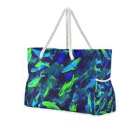 Neon Blue and Dark Green Fish Waterproof Compact Beach Bag with Zipper Tote Bags for Work with Cup Holders on Side