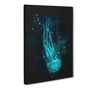 Neon Blue Jellyfish Abstract Paint Splash Canvas Print | Gallery Wrapped 30mm Frame Wall Art | 20x14 inches | Ready to Hang | Abstract Picture | Living Room Bedroom Lounge Office