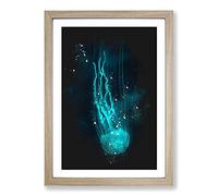 Neon Blue Jellyfish Abstract Paint Splash Framed Print | A2 Oak Framed Wall Art | Ready to Hang | Abstract Fantasy Picture | Living Room Bedroom Lounge Office