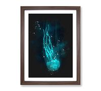 Neon Blue Jellyfish Abstract Paint Splash Modern Framed Wall Art Print, Ready to Hang Picture for Living Room Bedroom Home Office Décor, Walnut A2 (64 x 46 cm)