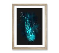 Neon Blue Jellyfish Abstract Paint Splash Modern Framed Wall Art Print, Ready to Hang Picture for Living Room Bedroom Home Office Décor, Oak A4 (34 x 25 cm)