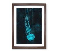 Neon Blue Jellyfish Abstract Painting Modern Framed Wall Art Print, Ready to Hang Picture for Living Room Bedroom Home Office Décor, Walnut A2 (64 x 46 cm)