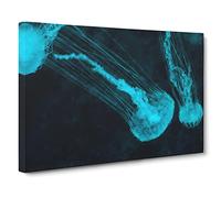 Neon Blue Jellyfish Canvas Print | Gallery Wrapped 30mm Frame Wall Art | 20x14 inches | Ready to Hang | Abstract Picture | Living Room Bedroom Lounge Office