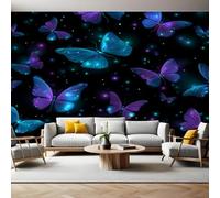 Neon Blue Photo Wallpaper 3D Effect Starry Sky Butterfly Mural Wallpaper Non-Woven Wall Mural, 350 x 256 cm Large Murals Wall Decor for Bedroom, Living Room, Kids Room