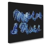 Neon Blue Rhythm & Blues Sign Canvas Print | Gallery Wrapped 30mm Frame Wall Art | 14x14 inches | Ready to Hang | Abstract Picture | Living Room Bedroom Lounge Office