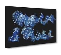 Neon Blue Rhythm & Blues Sign Canvas Print | Gallery Wrapped 30mm Frame Wall Art | 24x16 inches | Ready to Hang | Abstract Picture | Living Room Bedroom Lounge Office