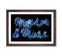 Neon Blue Rhythm & Blues Sign in Abstract Framed Print | A2 Walnut Framed Wall Art | Ready to Hang | Abstract Fantasy Picture | Living Room Bedroom Lounge Office