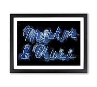 Neon Blue Rhythm & Blues Sign In Abstract Modern Art Framed Wall Art Print, Ready to Hang Picture for Living Room Bedroom Home Office Décor, Black A3 (46 x 34 cm)