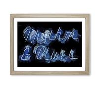 Neon Blue Rhythm & Blues Sign In Abstract Modern Art Framed Wall Art Print, Ready to Hang Picture for Living Room Bedroom Home Office Décor, Oak A4 (34 x 25 cm)