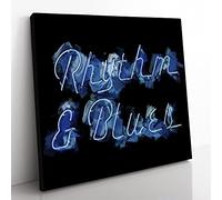 Neon Blue Rhythm & Blues Sign in Abstract Modern Canvas Wall Art Print Ready to Hang, Framed Picture for Living Room Bedroom Home Office Décor, 35x35 cm (14x14 Inch)