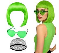 Neon Bob Wig - Dress Up Headpiece, Vibrant Hair Accessory for Cosplay, Stylized Eyewear Kit, Bold Transformation Set with High-Visibility Fluorescent Glow, Character Styling Bundle for Roleplaying