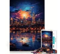 Neon Boston City at Night 1000 Piece Jigsaw Puzzles for Teenagers Jigsaw Mind Puzzle Tension Relief Art Assembly Premium Gift (50x75cm)