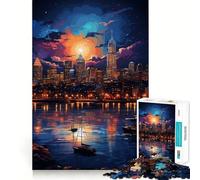 Neon Boston City at Night Puzzles for Teenagers 1000 Piece Brain Tease Toy Stress Release Premium Cut Amazing Present (38x26cm)