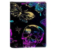 Neon Butterfly and Skull Pattern Replaceable Book Cover, Reusable PU Leather Book Protector, Suitable for 148x210 mm Notebooks