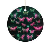 Neon Butterfly Double-Sided Ceramic Christmas Ornaments - Round Hanging Mini Xmas Tree Decorations, Ideas for Farmers, Rustic Home Decor for Indoor Outdoor Tree Decor