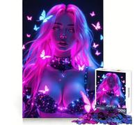 Neon Butterfly Girl Hard Jigsaw Puzzle for Adults 1000 Pieces Think Toy Peaceful Fun Clean Cut Fine Art Piece (50x75cm)