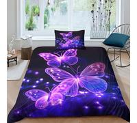Neon Butterfly Microfiber Duvet Cover 2 Pieces Reversible Purple Butterfly Quilt Cover Easy Care Comforter Cover with Easy Care Pillowcases for Kids Adult Teens All Seasons Bedding Single（135x200cm）
