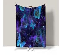 Neon Butterfly Print Flannel Blankets And Throws Soft Lightweight Cozy Fleece Throw Blanket Fantasy Galaxy Pattern Decor For Sofa Bed Travel, Blue Purple Warm Throw 80"X95"