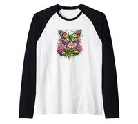 Neon Butterfly Retro 90s Style Colorful Floral Graphic Raglan Baseball Tee