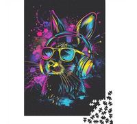 Neon Cat Headphones Sunglasses Art Print 1000 Piece Puzzle for Relaxing Evenings, 38x26cm/1000pcs
