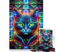 Neon Cat Stained Glass 1000 Piece Jigsaw Puzzle for Adults Logic Toy Relaxing Fun Design Assembly Santa Wish Gift (38x26cm)