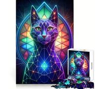 Neon Cat Stained Glass 1000 Pieces Jigsaw Puzzles for Teenagers Wise Think Toy Calm Fun Clear Cut Art Collectible (38x26cm)