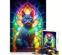 Neon Cat Stained Glass 1000 Pieces Jigsaws Adults Puzzles Gifts Memory Upgrade Leisure Time Sharp Cut Wall Art Decor (50x75cm)