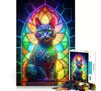 Neon Cat Stained Glass 1000 Pieces Jigsaws Adults Puzzles Gifts Memory Upgrade Leisure Time Sharp Cut Wall Art Decor (50x75cm)