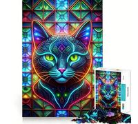 Neon Cat Stained Glass Adult Jigsaw Puzzles1000 Pieces Mind Exercise Toy Tension Relief Design Assembly Lovely Present (50x75cm)