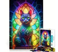 Neon Cat Stained Glass Jigsaw Puzzles for Adults 1000 Piece Logic Boost Toy Group Joy Premium Edge Bday Surprise (38x26cm)